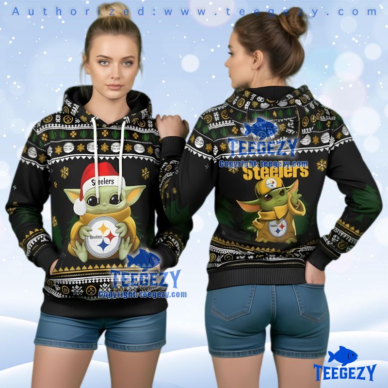 Pittsburgh Steelers Mandalorian Grogu Black Ugly Christmas 3D Hoodie Pittsburgh Steelers Mandalorian Grogu Black Ugly Christmas 3D Hoodie