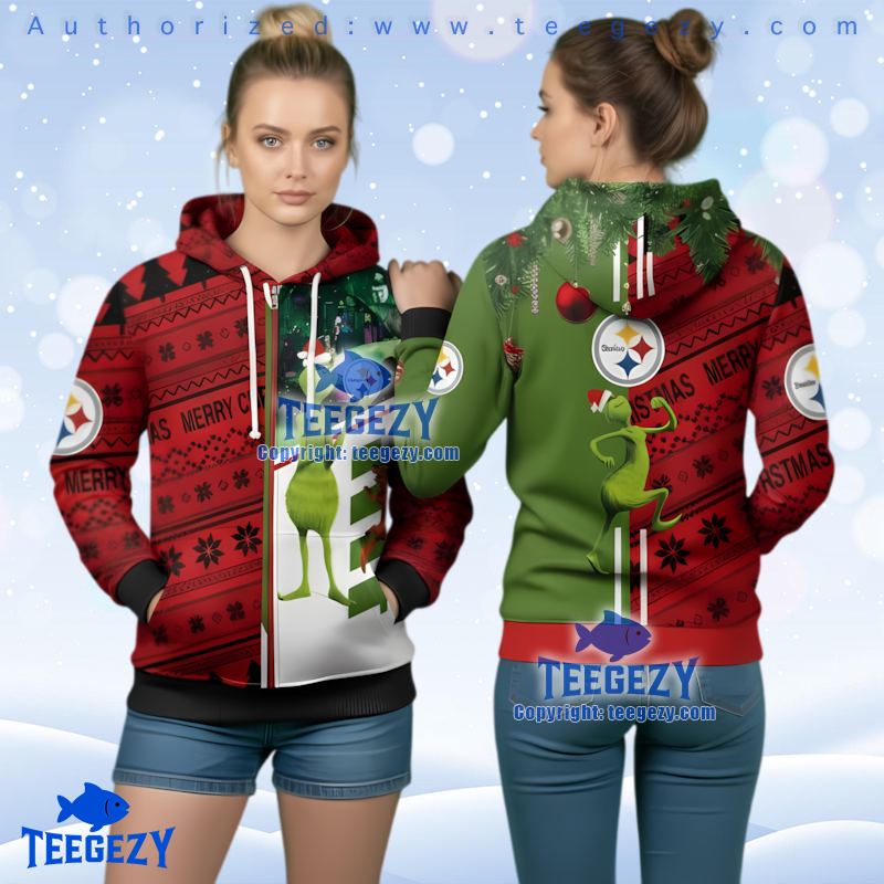 Pittsburgh Steelers Red Green Split Grinch Ugly Christmas 3D Hoodie Pittsburgh Steelers Red Green Split Grinch Ugly Christmas 3D Hoodie