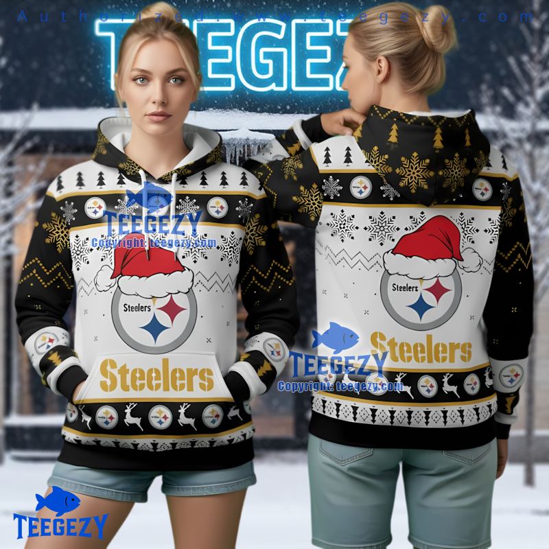 Pittsburgh Steelers Santa Hat Team Logo Ugly Christmas 3D Hoodie