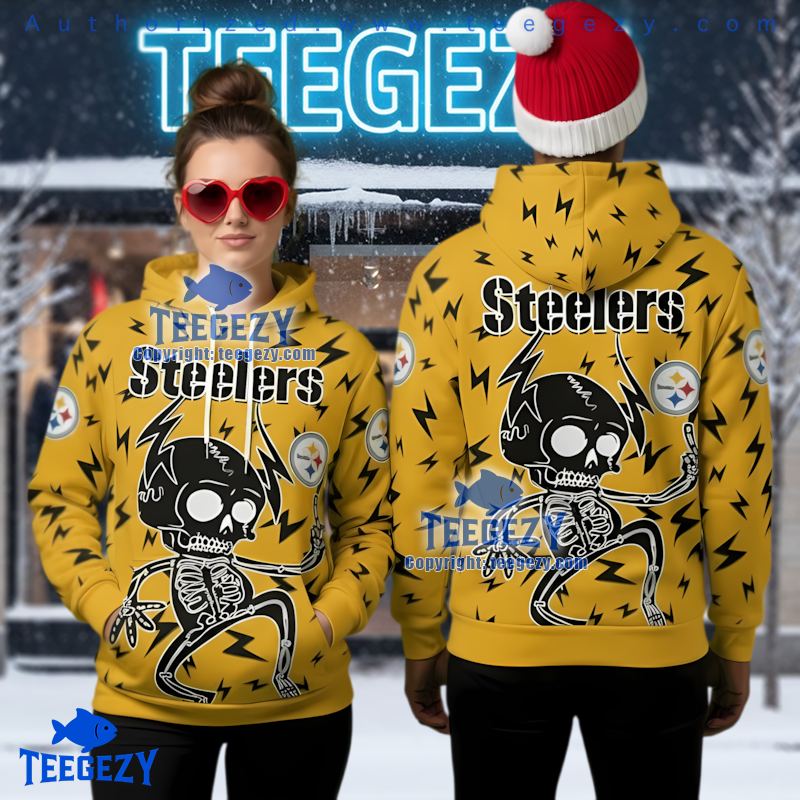 Pittsburgh Steelers Skeleton Electric Ugly Christmas 3D Hoodie Yellow