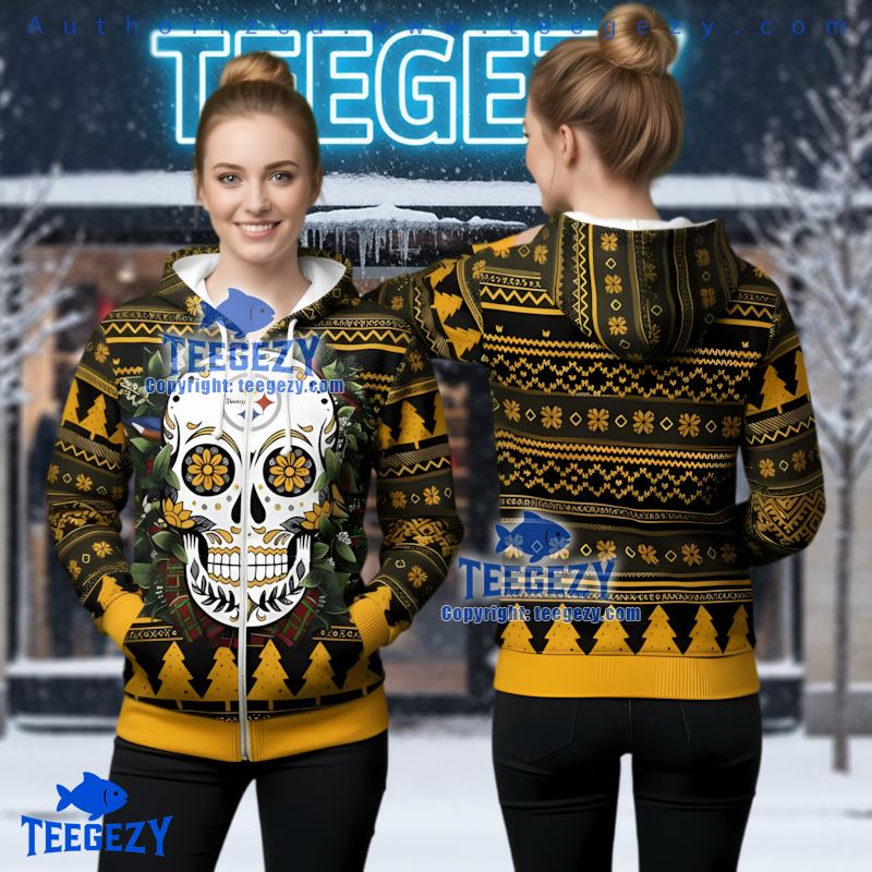 Pittsburgh Steelers Sugar Skull Ugly Christmas 3D Zip Up Hoodie