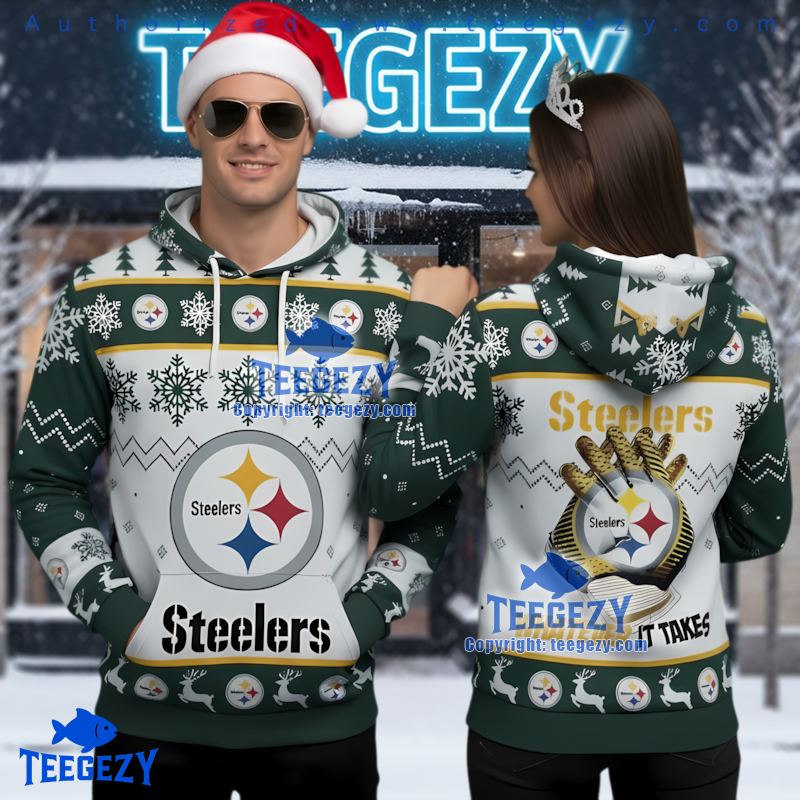 Pittsburgh Steelers White Green Ugly 3D Hoodie Holiday Reindeer Pattern